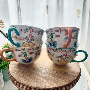 Anthropologie Set of 4 Hand Painted Floral Tea Cups Coffee Cups with 3D Flower